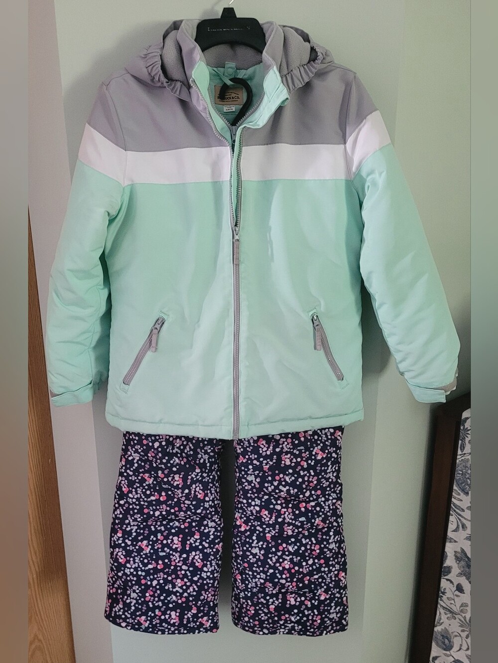 Girls Mint & Gray Hooded Winter Jacket And Ski Pants - Roebuck & Co.